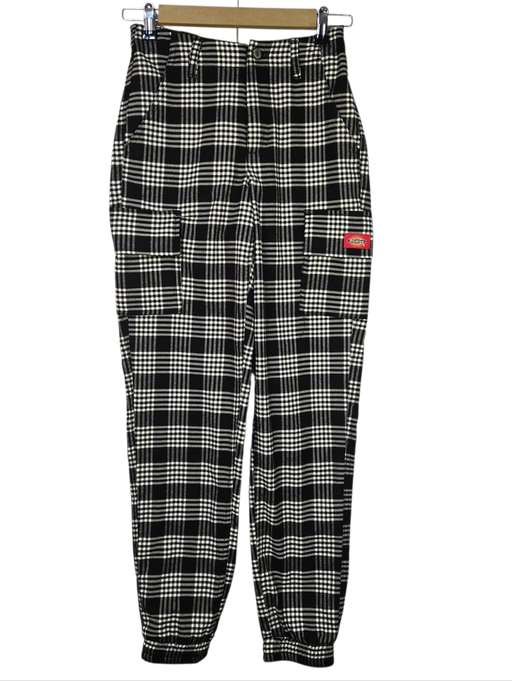 DICKIES Junior Sz XS B&W Plaid Cargo Jogger Pants with Logo-Side & Patch Pockets